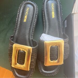 Fashion Nova Black Sandals with Gold Buckle